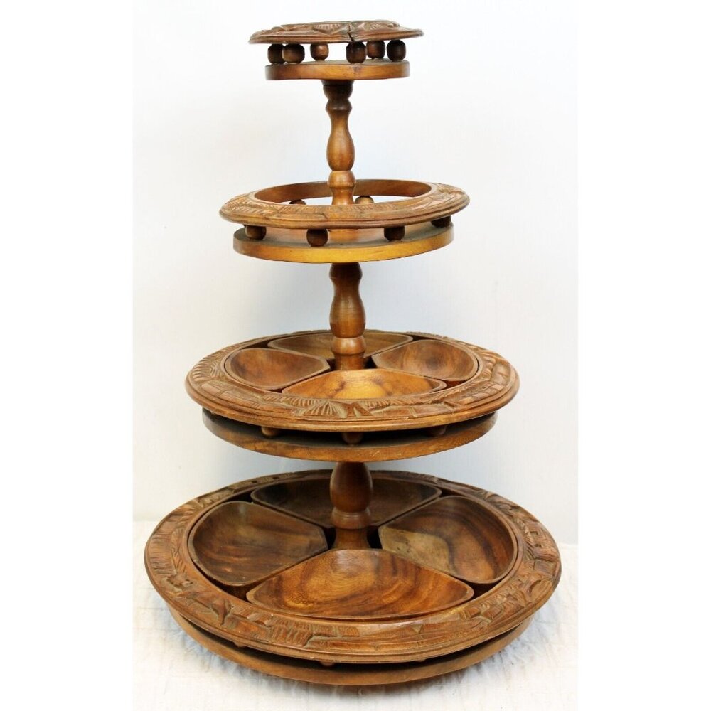 VTG Hawaiian Monkey Pod Wood 4 Tiered Hand Carved Lazy Susan Serving Tiki Beach